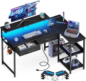 Coleshome 40 Inch L Shaped Gaming Desk with 2 Drawers & Storage Shelves, Computer Desk with USB Ports, Study Writing Table for Bedroom, Simple Modern Laptop Desk for Home Office, Black