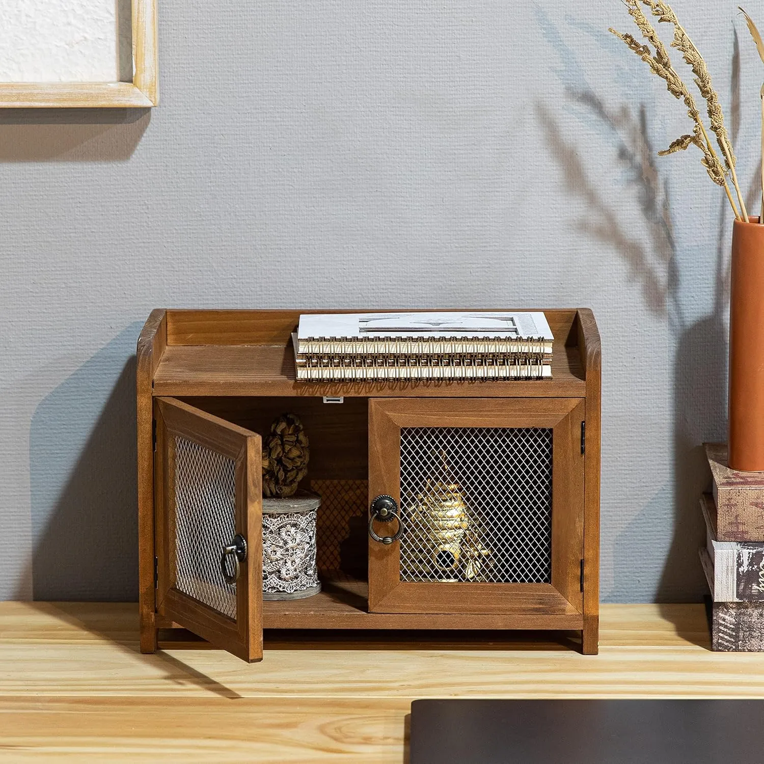 COLLECTIVE HOME - Storage Cabinet, Mini Countertop Cabinet, Wood Organizer for Kitchen Living Room Bedroom Bathroom Office with Magnetic Door, 14.5 x 6.5 x 10 (Brown)