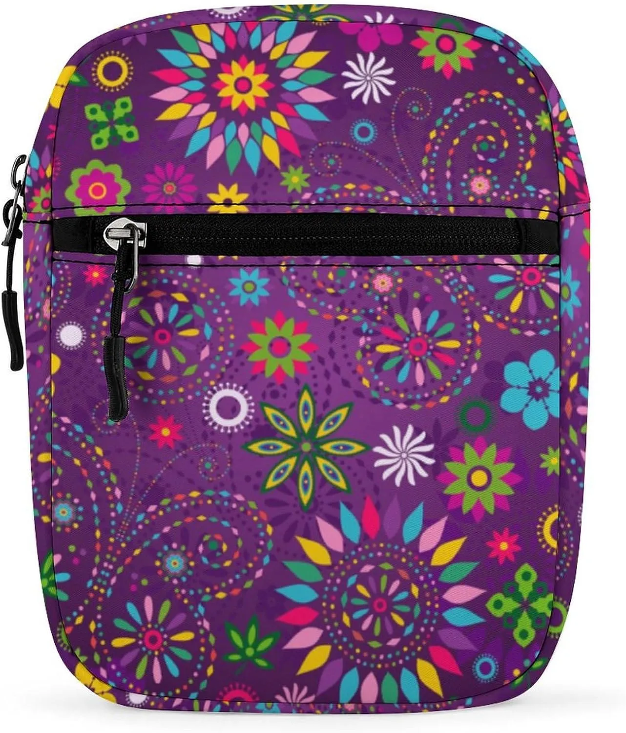 Colorful Butterfly Flower Purple Small Crossbody Bag Floral Pattern Sling Bag Shoulder Handbag For Women Men Mini Messenger Bags With Adjustable Straps