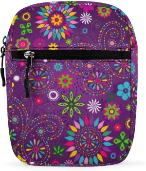 Colorful Butterfly Flower Purple Small Crossbody Bag Floral Pattern Sling Bag Shoulder Handbag For Women Men Mini Messenger Bags With Adjustable Straps