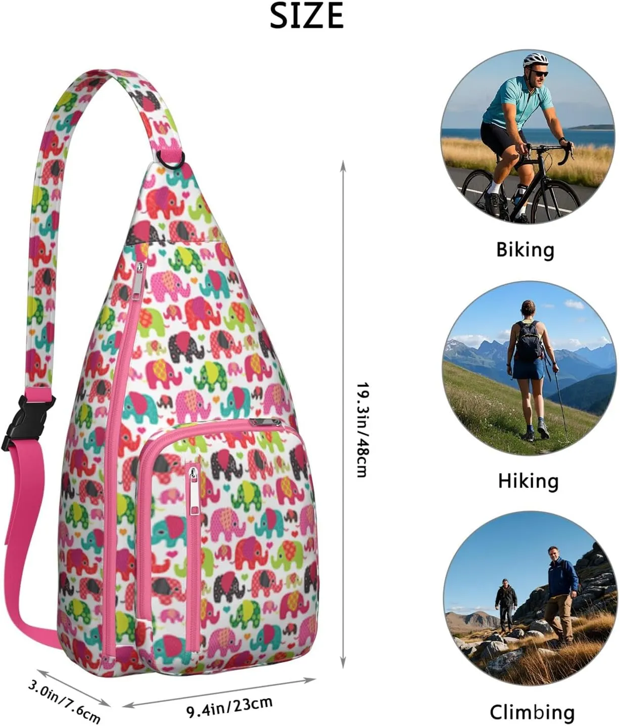 Colorful Elephant Crossbody Bag Daypack for Women Men Lightweight Waterproof Sling Bag Backpack Hiking Cycling