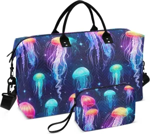 Colorful Jellyfish Travel Duffel Bag with Toiletry Bag Personalized Weekender Bag for Trips Sports Business Large Overnight Bag Gym Duffel Bag for Women & Men