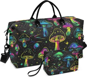Colorful Mushrooms Travel Duffel Bag with Toiletry Bag Personalized Weekender Bag for Trips Sports Business Large Gym Duffel Bag Overnight Bag for Women & Men