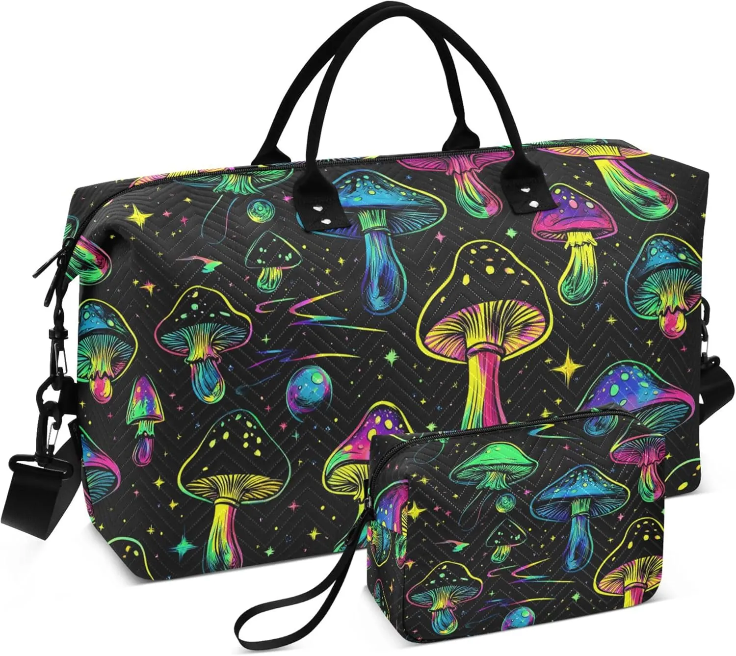 Colorful Mushrooms Travel Duffel Bag with Toiletry Bag Personalized Weekender Bag for Trips Sports Business Large Gym Duffel Bag Overnight Bag for Women & Men