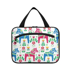 Colorful Swedish Folk Art Horse Flowers Seamless Pattern on White 1 PC Hanging Travel Wash bag with Handles, Portable Makeup Organizer Brush Storage Case Portable Travel Cosmetic with Hook M