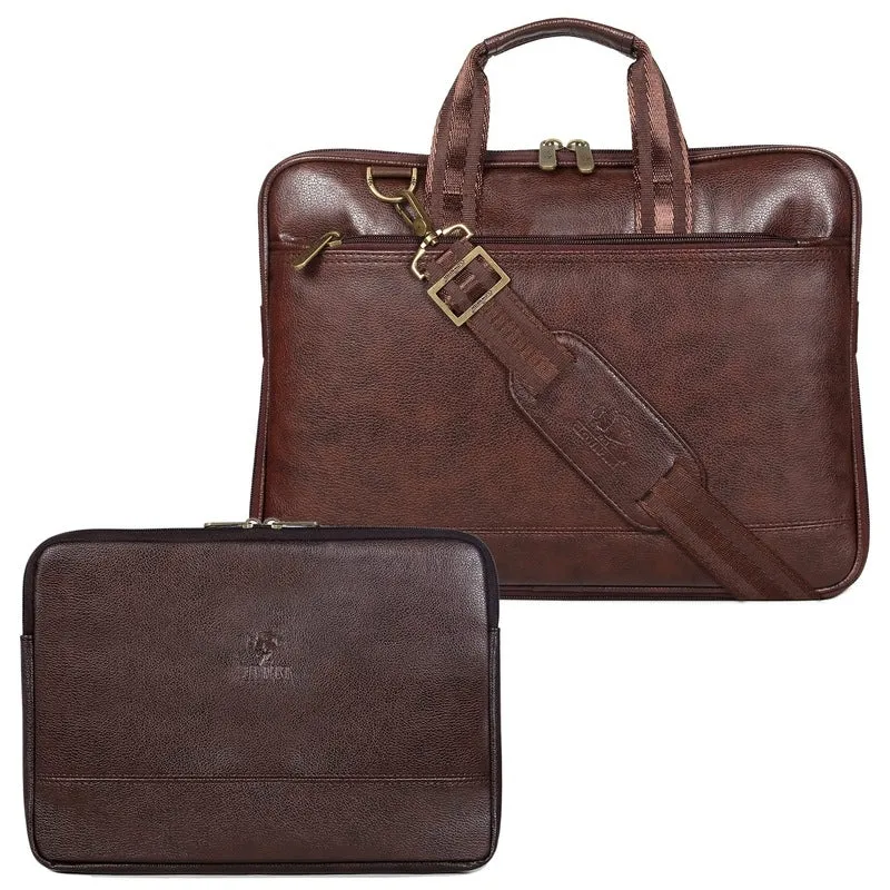Combo: THE CLOWNFISH 14 Inch Vegan Leather Laptop Briefcase & Tablet Sleeve | 10 Ltrs | Dark Brown