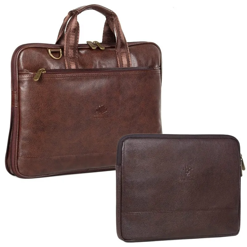 Combo: THE CLOWNFISH 14 Inch Vegan Leather Laptop Briefcase & Tablet Sleeve | 10 Ltrs | Dark Brown