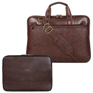 Combo: THE CLOWNFISH 14 Inch Vegan Leather Laptop Briefcase & Tablet Sleeve | 10 Ltrs | Dark Brown