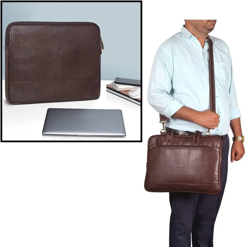 Combo: THE CLOWNFISH 14 Inch Vegan Leather Laptop Briefcase & Tablet Sleeve | 10 Ltrs | Dark Brown