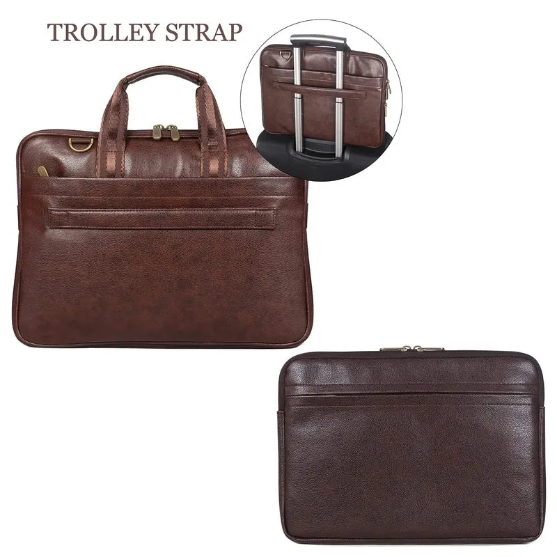 Combo: THE CLOWNFISH 14 Inch Vegan Leather Laptop Briefcase & Tablet Sleeve | 10 Ltrs | Dark Brown