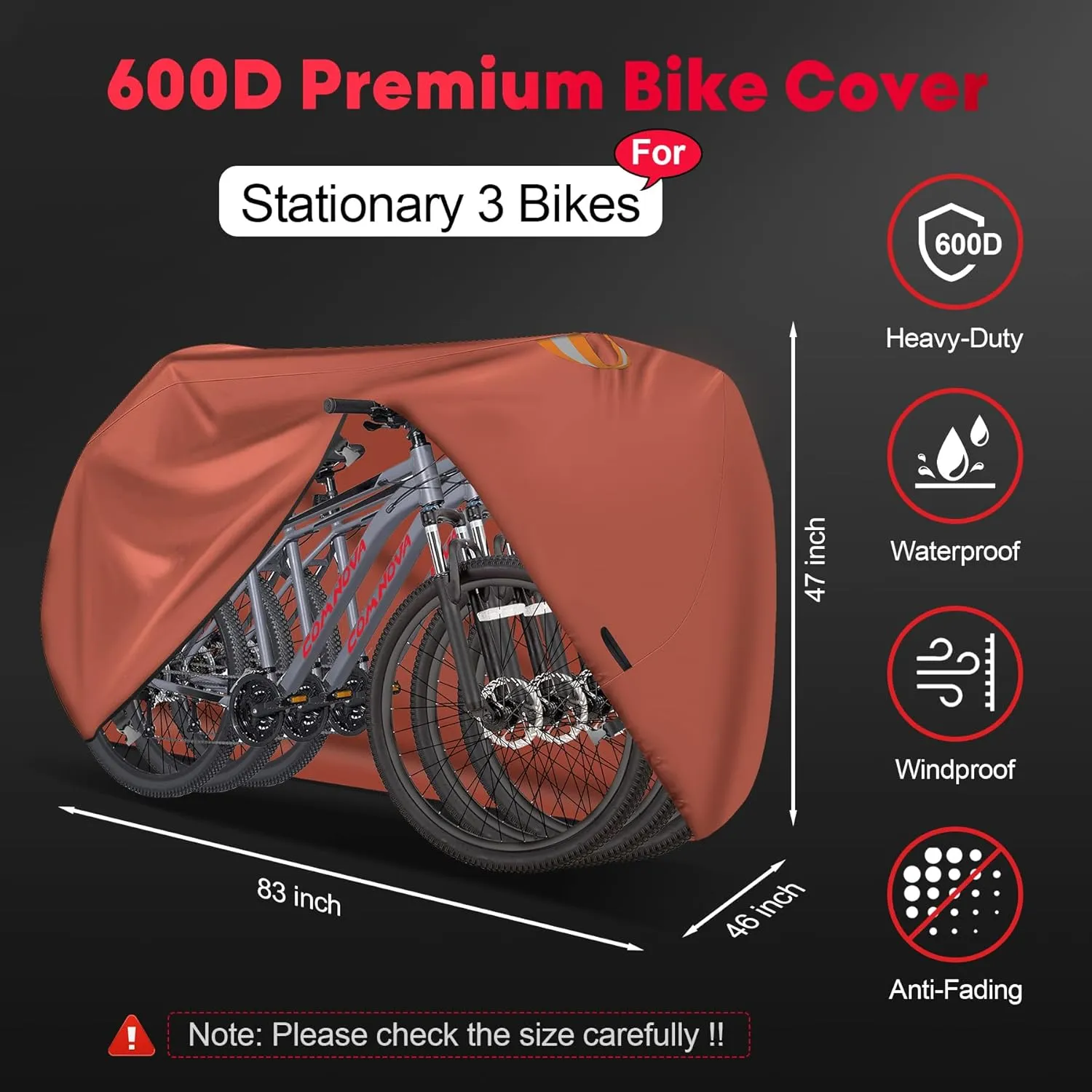 Comnova 3 Bikes Cover - Outdoor Stationary 3 Bikes Waterproof & Heavy Duty, 600D Bicycle Covers for eBike, Mountain, Road, Hybrid, Beach Cruiser Storage