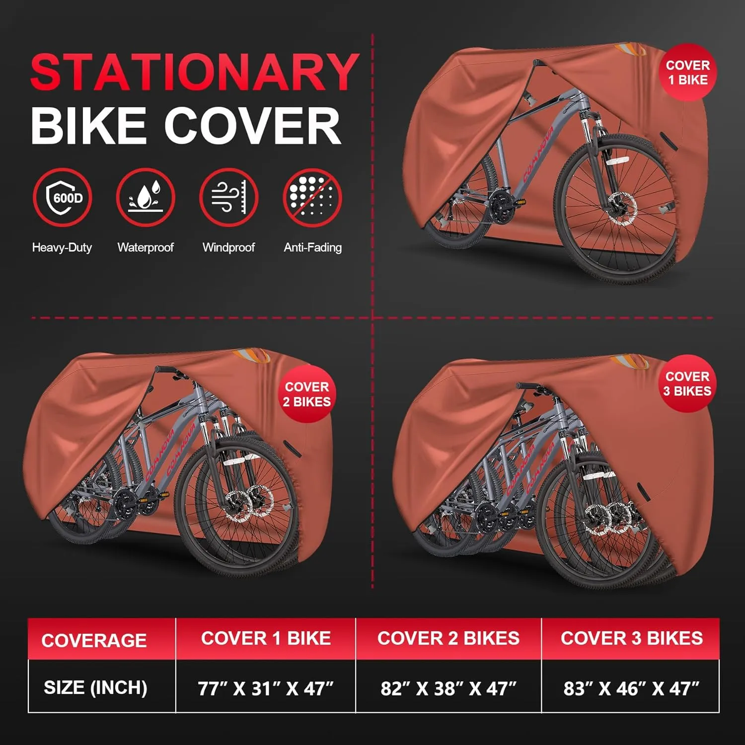Comnova 3 Bikes Cover - Outdoor Stationary 3 Bikes Waterproof & Heavy Duty, 600D Bicycle Covers for eBike, Mountain, Road, Hybrid, Beach Cruiser Storage