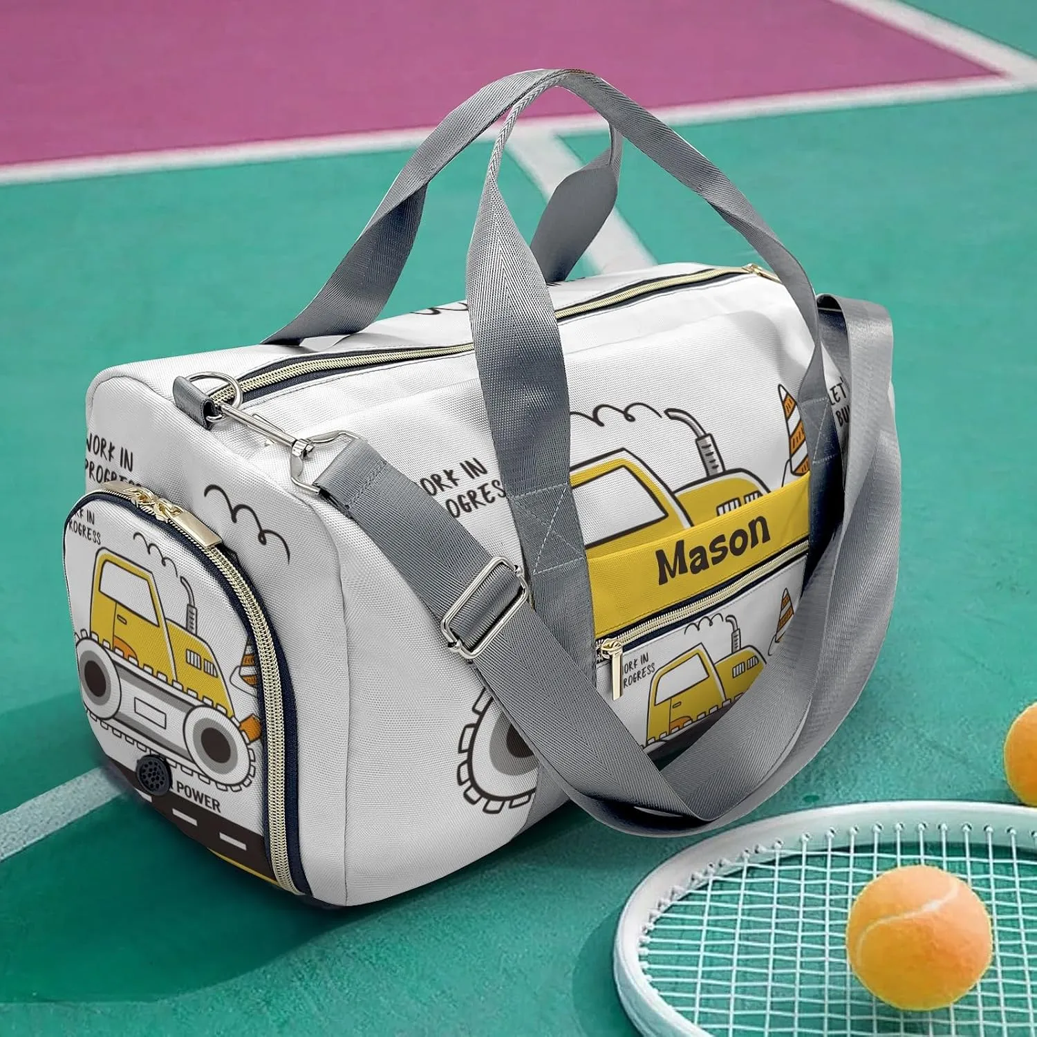 Construction Machinery Power Personalized Duffel Bag,Custom Travel Gym Bag with Name,Waterproof Sports Overnight Bag with Shoe Compartment & Shoulder Strap