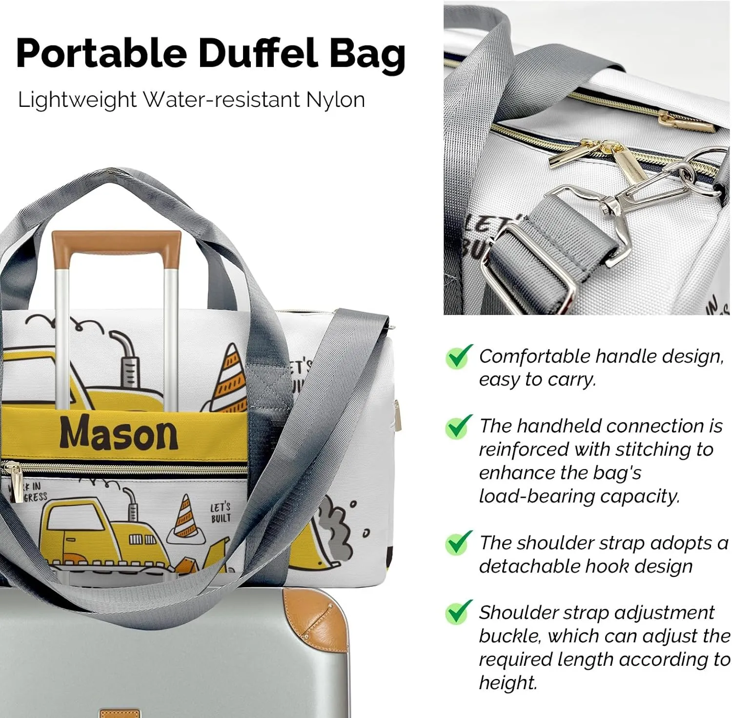 Construction Machinery Power Personalized Duffel Bag,Custom Travel Gym Bag with Name,Waterproof Sports Overnight Bag with Shoe Compartment & Shoulder Strap