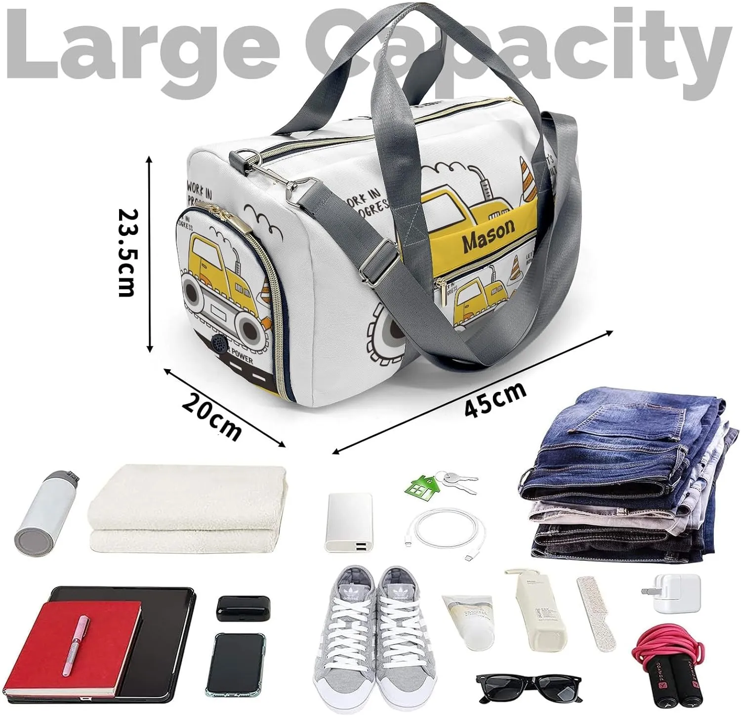 Construction Machinery Power Personalized Duffel Bag,Custom Travel Gym Bag with Name,Waterproof Sports Overnight Bag with Shoe Compartment & Shoulder Strap