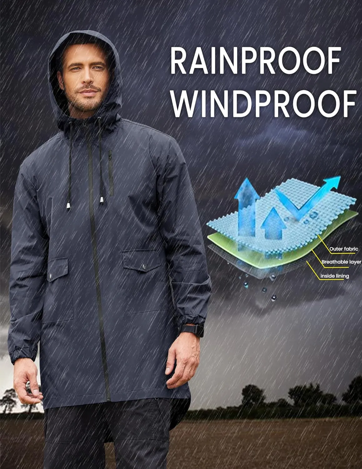 COOFANDY Men's Long Raincoat Ligtweight Rain Jacket Waterproof Outdoor Jackets with Hood