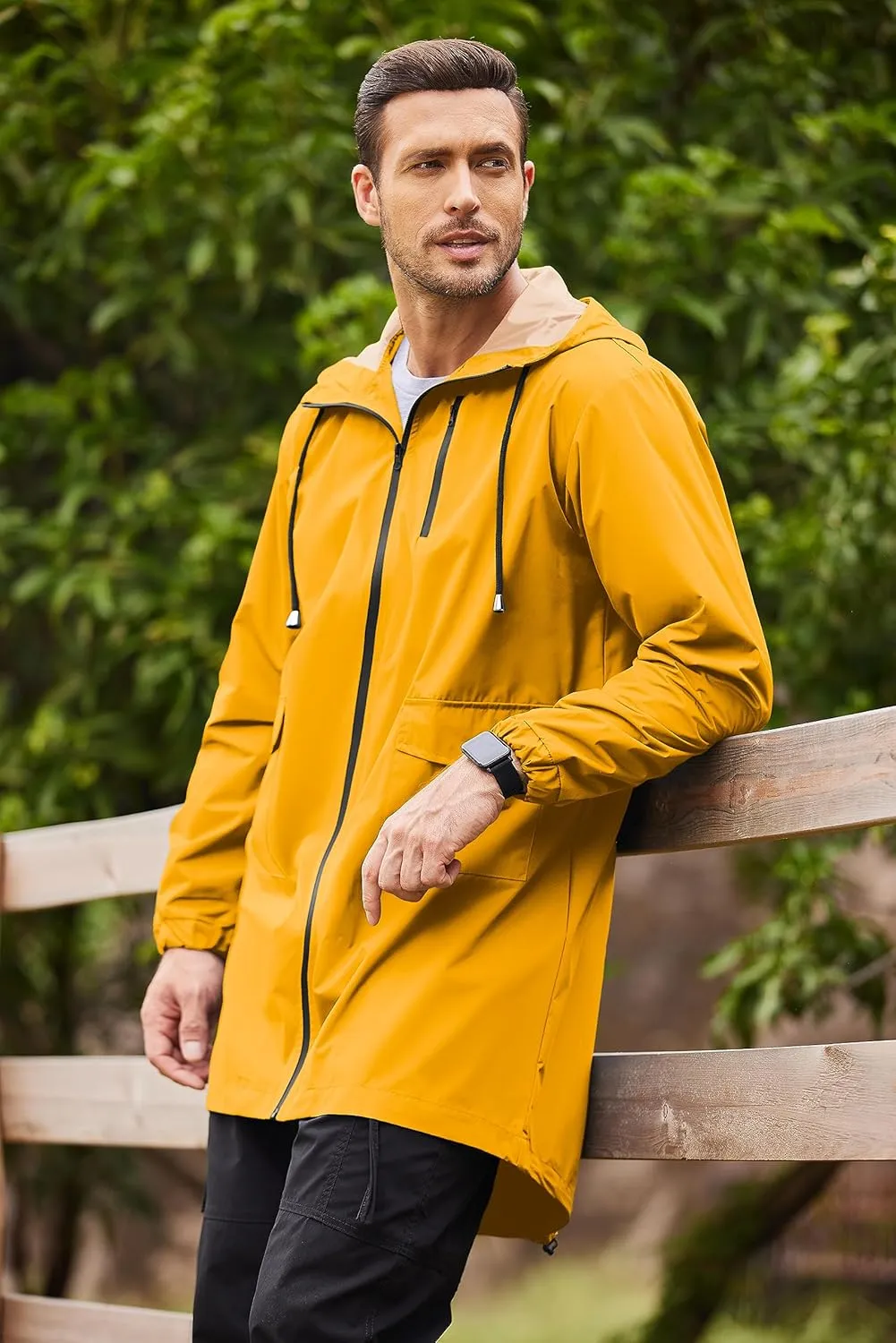 COOFANDY Men's Long Raincoat Ligtweight Rain Jacket Waterproof Outdoor Jackets with Hood