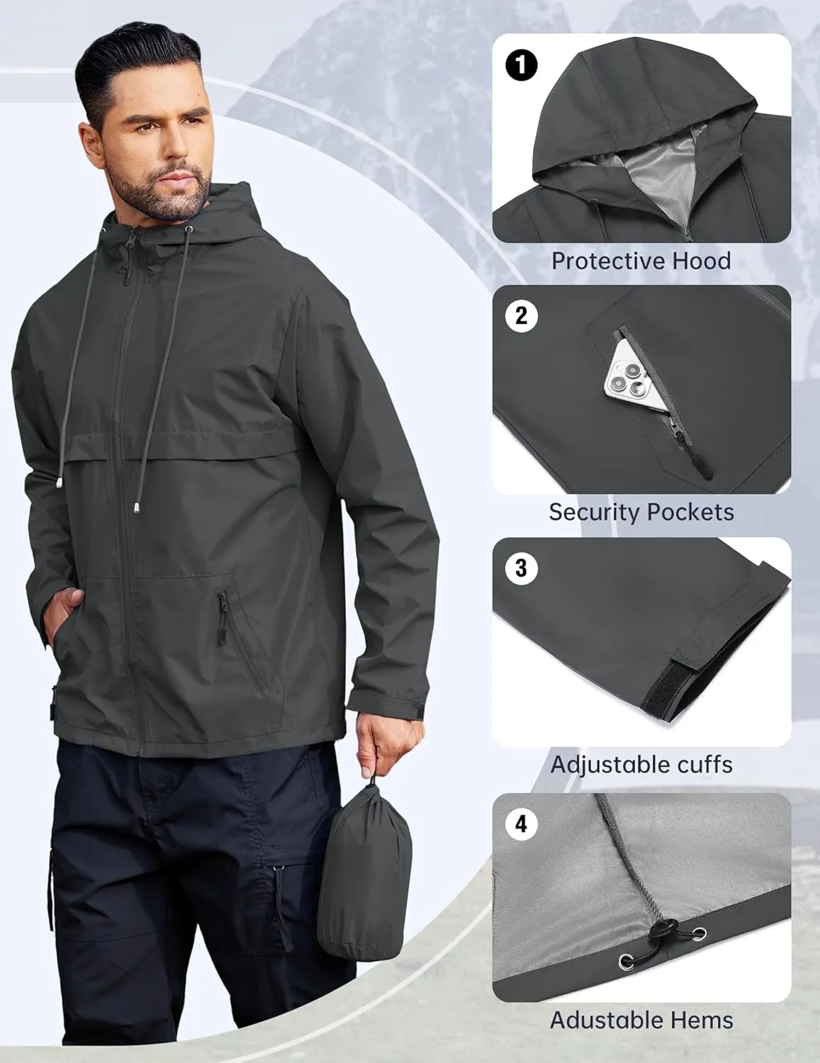 COOFANDY Men's Rain Jacket Waterproof with Hood Packable Rain Coat Lightweight Windbreaker for Hiking Golf Outdoor