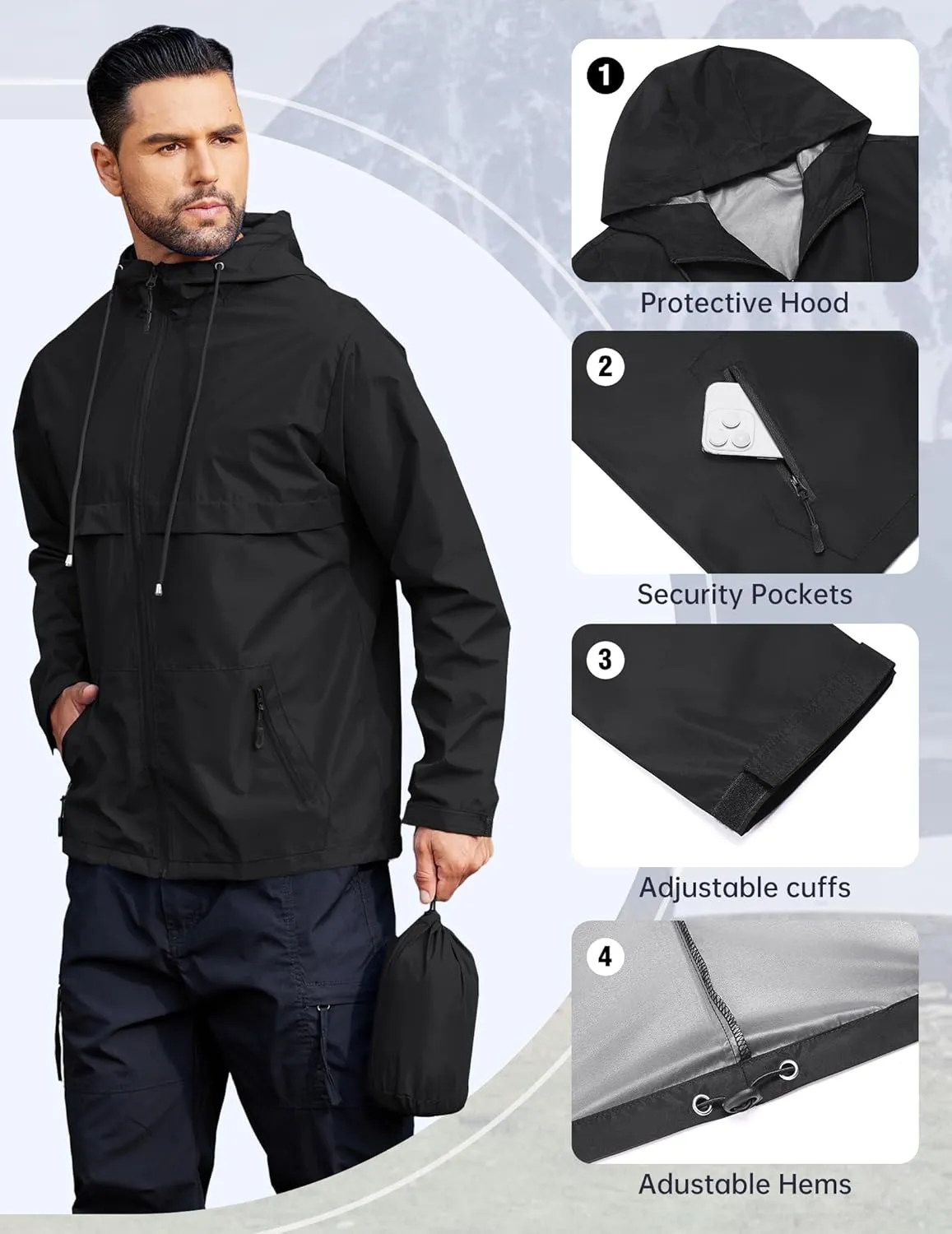 COOFANDY Men's Rain Jacket Waterproof with Hood Packable Rain Coat Lightweight Windbreaker for Hiking Golf Outdoor