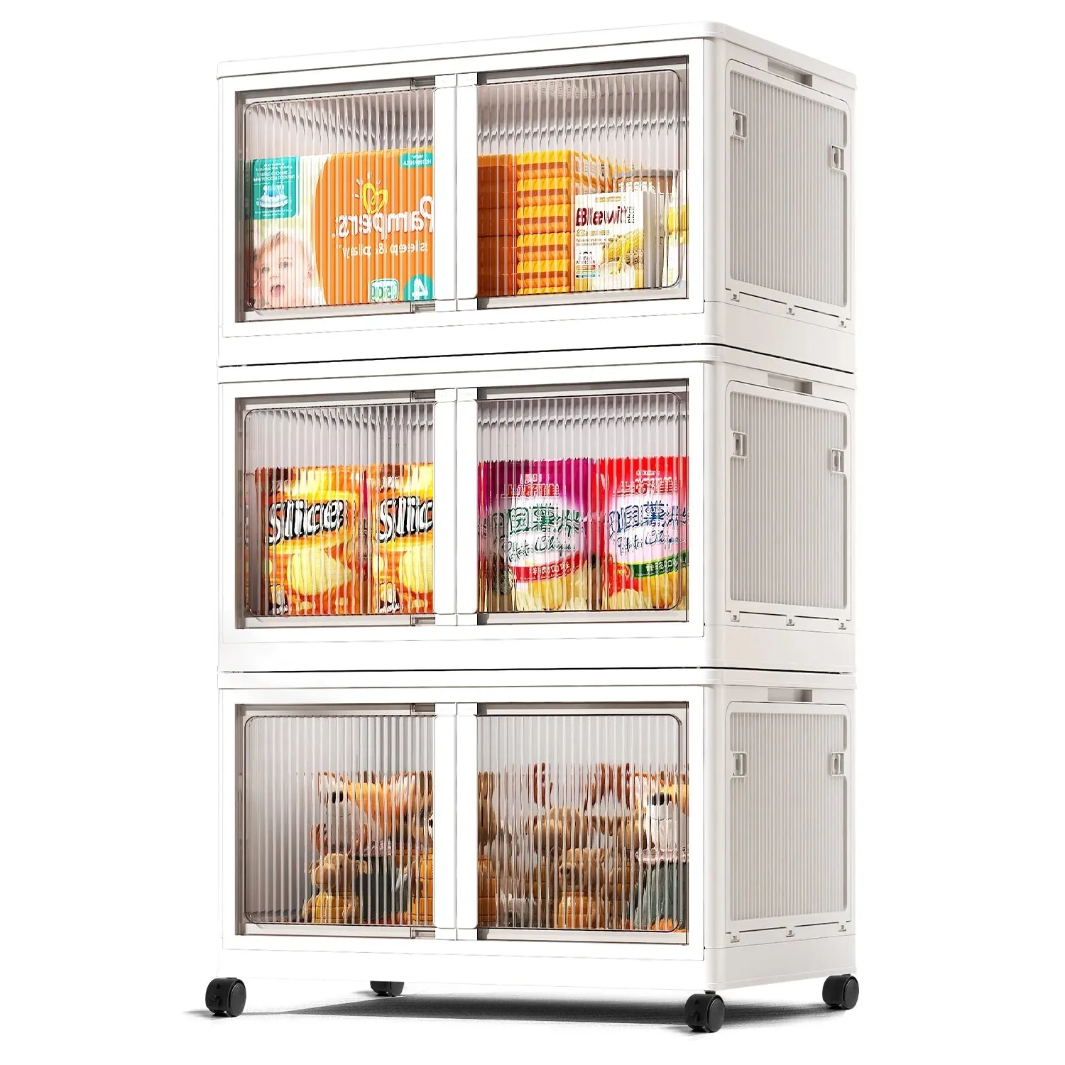 COOKCOK Storage Bins with Lids, Foldable Plastic Storage Container with Door, 3 Pack Stackable Collapsible Storage Bins for Closet Organizers and Storage, Secure Lock, 20.2"x 14.2"x 35.4"