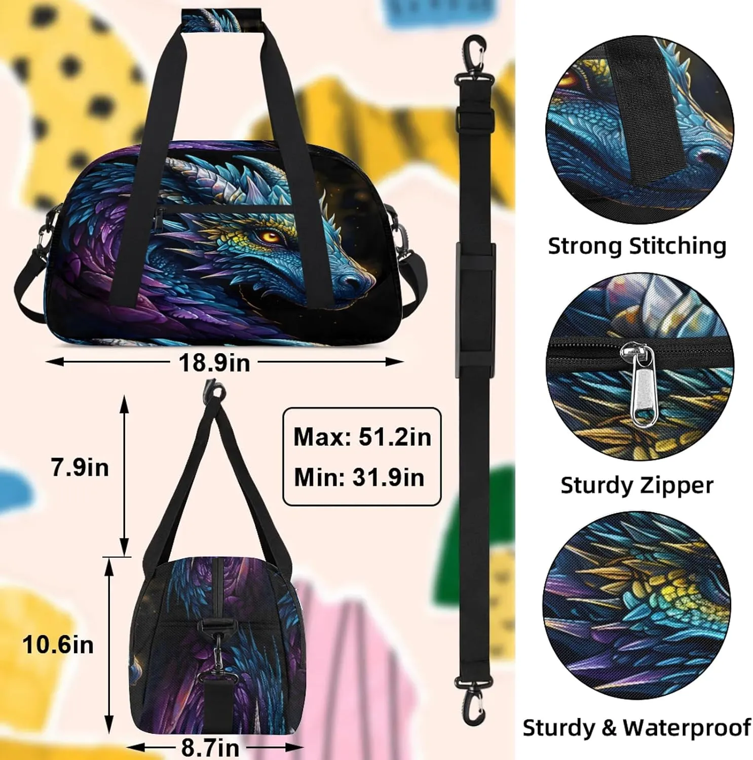 Cool Dragon Small Gym Bag 18 inch Carry On Duffel Bag for Weekender Travel Sports Workout Yoga Gymnastics Dance Ballet