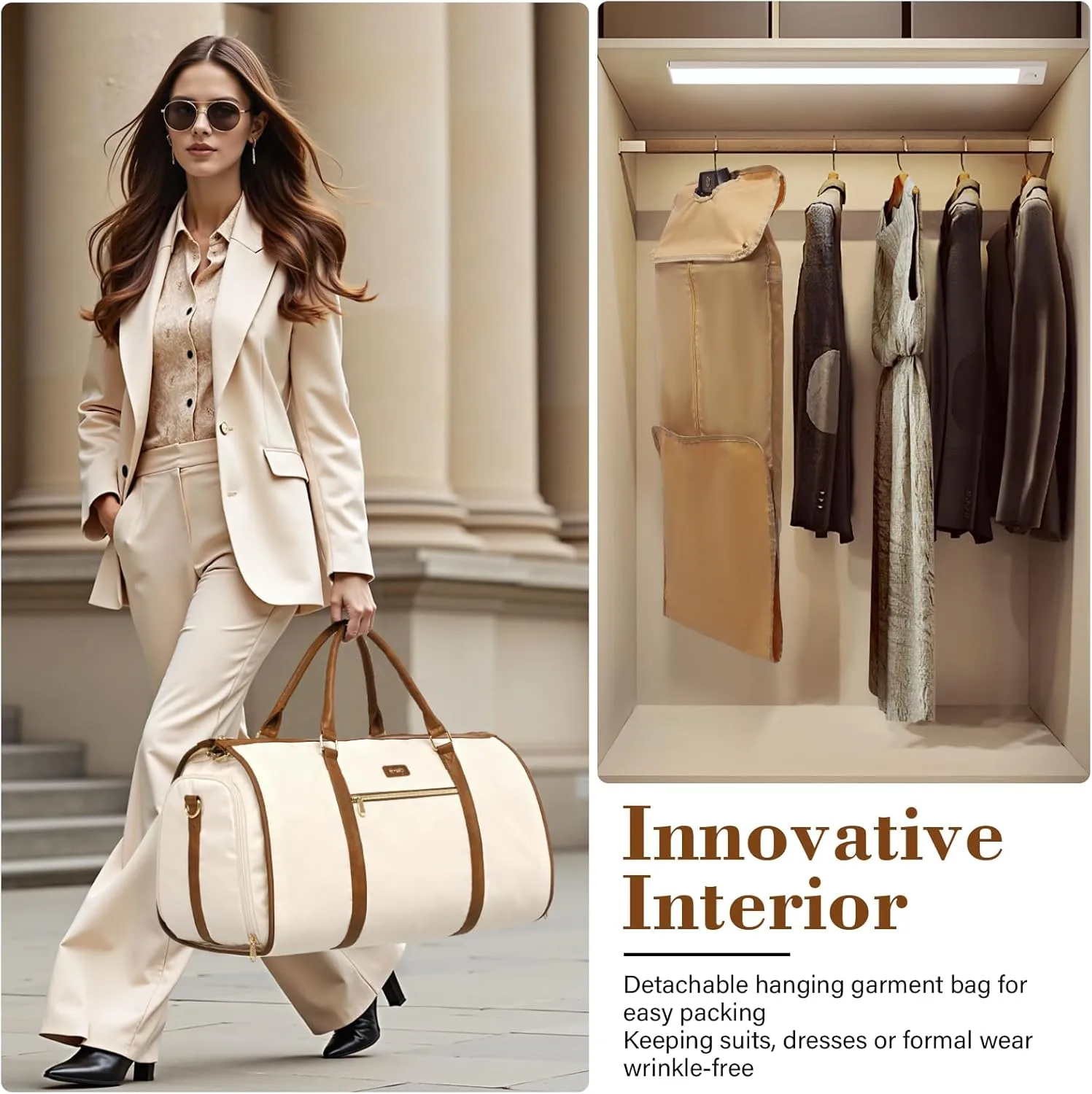 Coolife Garment Bag Travel Foldable Garment Duffel Bag Carry On Weekender Bag Suit Bag Dress Bag Convertible for Hanging Clothes Overnight Bag for Women Men Business Travel 3 Piece Set