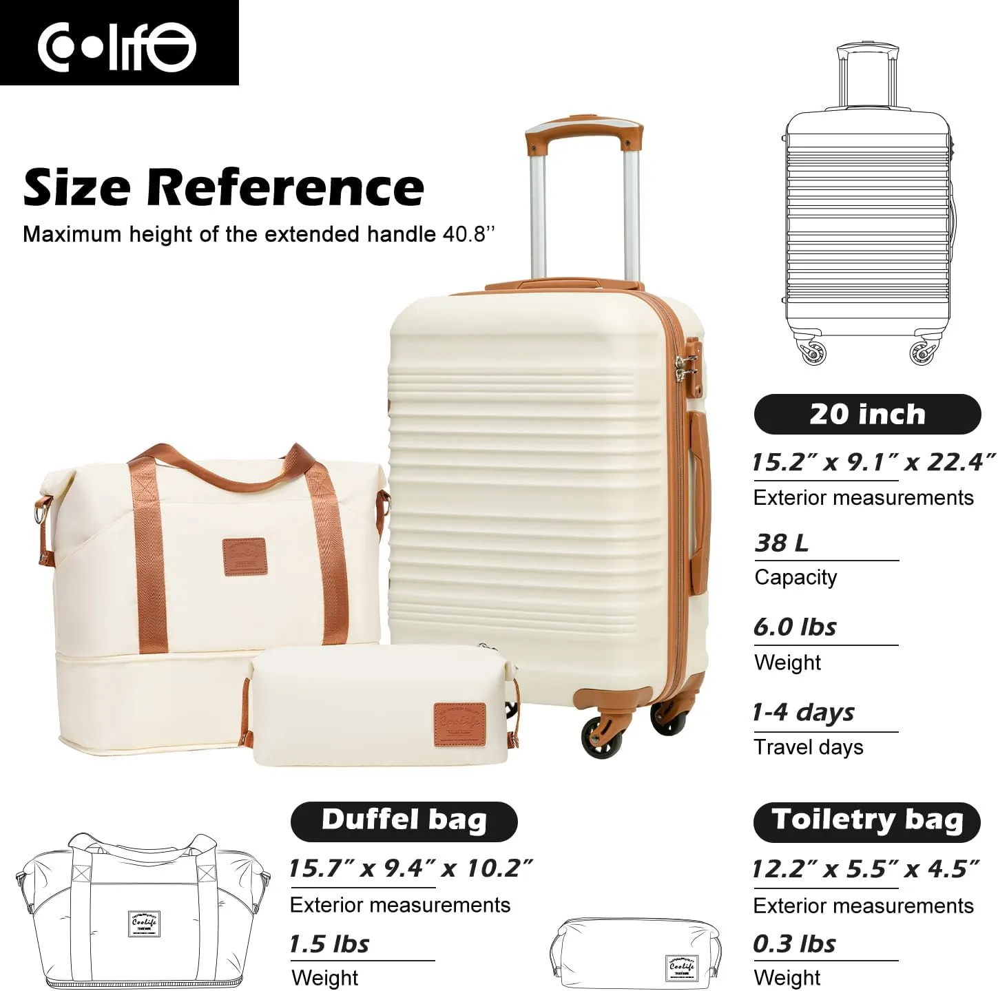 Coolife Luggage Set 3 Piece Luggage Set Carry On Suitcase Hardside Luggage with TSA Lock Spinner Wheels(White, 3 piece set (DB/TB/20))