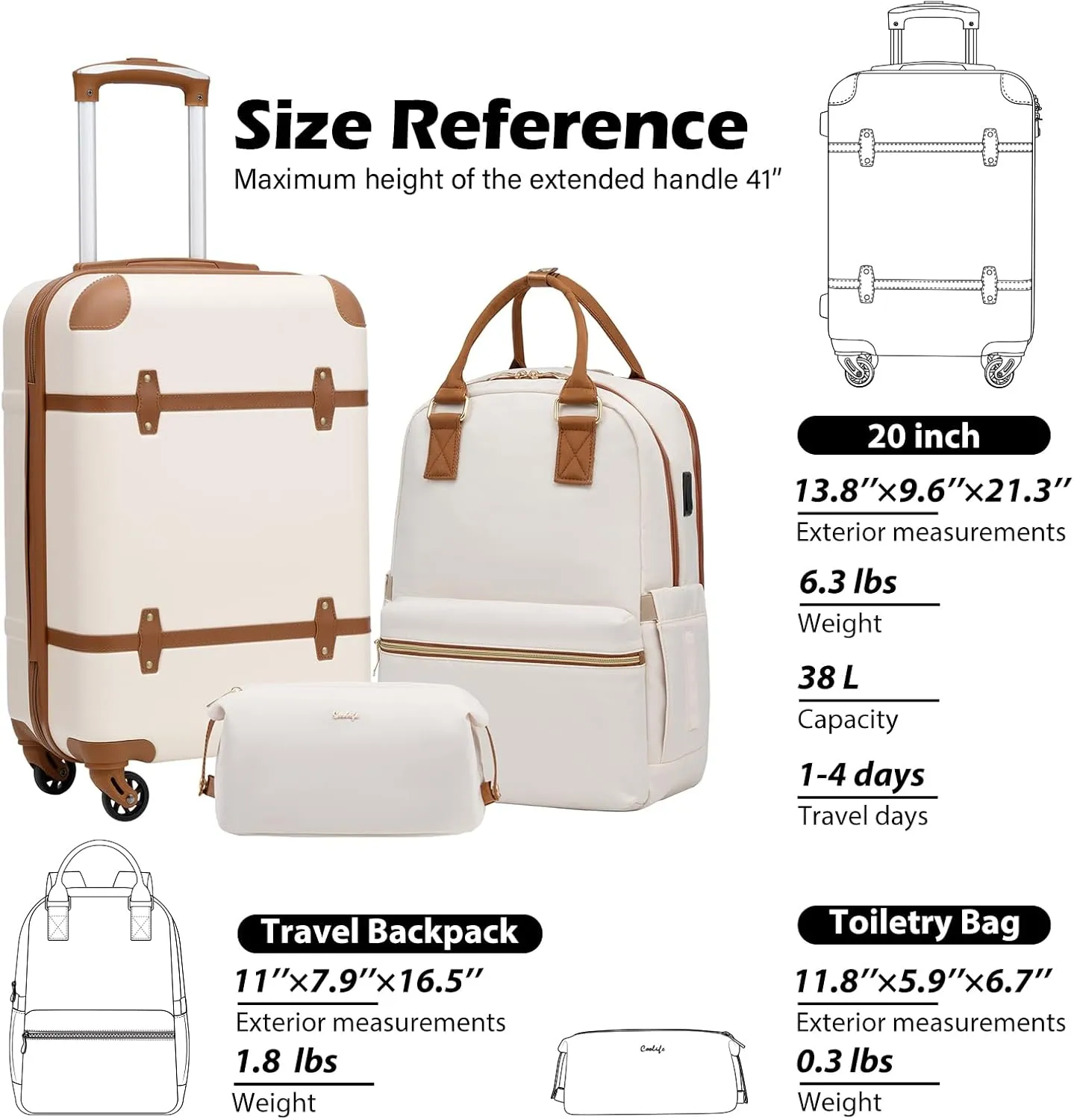 Coolife Luggage Set 3 Piece Suitcase Set Carry On Luggage Hardside Luggage TSA Lock Spinner Wheels Telescopic Handle (White, 3 piece set (BP/TB/20))