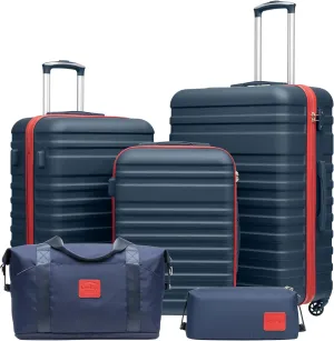 Coolife Suitcase Set 3 Piece Luggage Set Carry On Hardside Luggage with TSA Lock Spinner Wheels (Navy Red, 5 piece set)