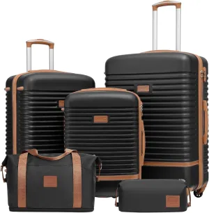 Coolife Suitcase Set 3 Piece Luggage Set Carry On Travel Luggage TSA Lock Spinner Wheels Hardshell Lightweight Luggage Set(Black, 5 piece set)