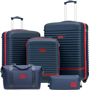 Coolife Suitcase Set 3 Piece Luggage Set Carry On Travel Luggage TSA Lock Spinner Wheels Hardshell Lightweight Luggage Set(Navy Red, 5 piece set)