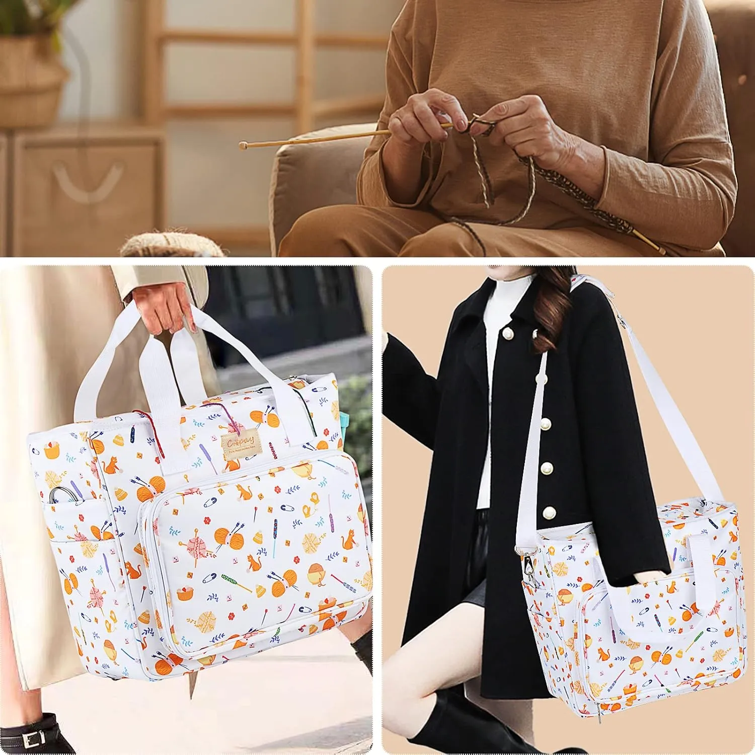 Coopay Large Crochet Tote Bag, Upgraded Larger Travel Yarn Bag with Shoulder Strap, Lightweight Craft Organizers and Storage Fit All Knitting Supplies, White