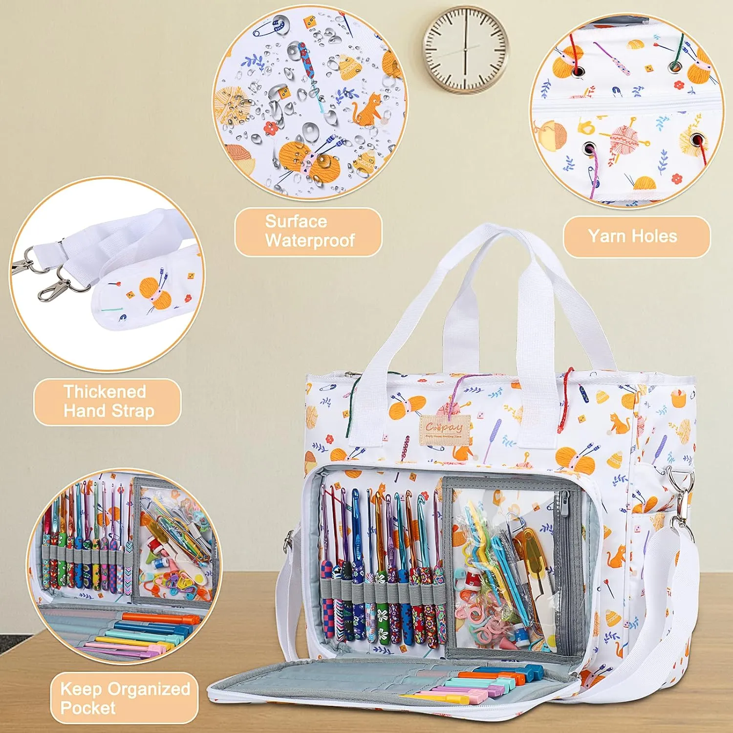 Coopay Large Crochet Tote Bag, Upgraded Larger Travel Yarn Bag with Shoulder Strap, Lightweight Craft Organizers and Storage Fit All Knitting Supplies, White