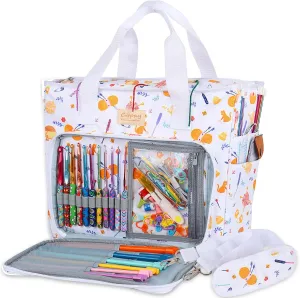Coopay Large Crochet Tote Bag, Upgraded Larger Travel Yarn Bag with Shoulder Strap, Lightweight Craft Organizers and Storage Fit All Knitting Supplies, White