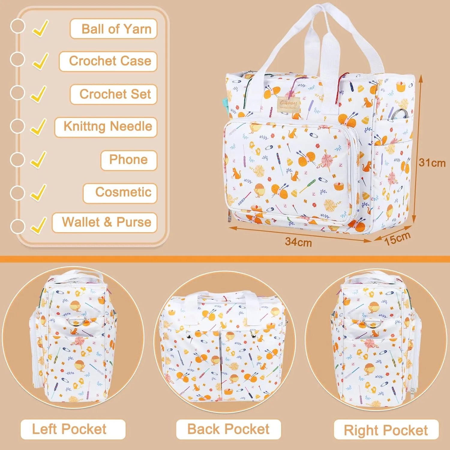 Coopay Large Crochet Tote Bag, Upgraded Larger Travel Yarn Bag with Shoulder Strap, Lightweight Craft Organizers and Storage Fit All Knitting Supplies, White