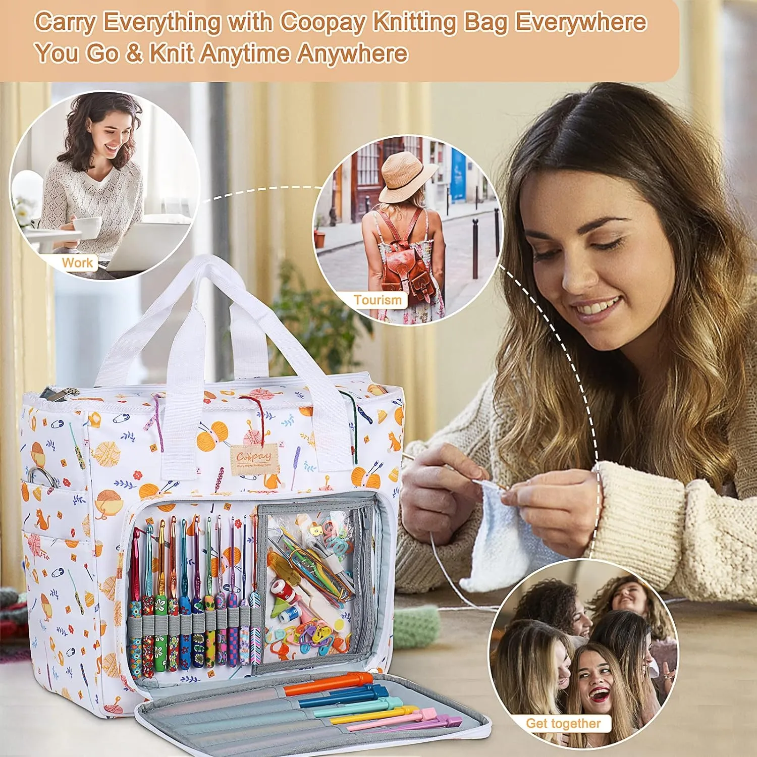 Coopay Large Crochet Tote Bag, Upgraded Larger Travel Yarn Bag with Shoulder Strap, Lightweight Craft Organizers and Storage Fit All Knitting Supplies, White