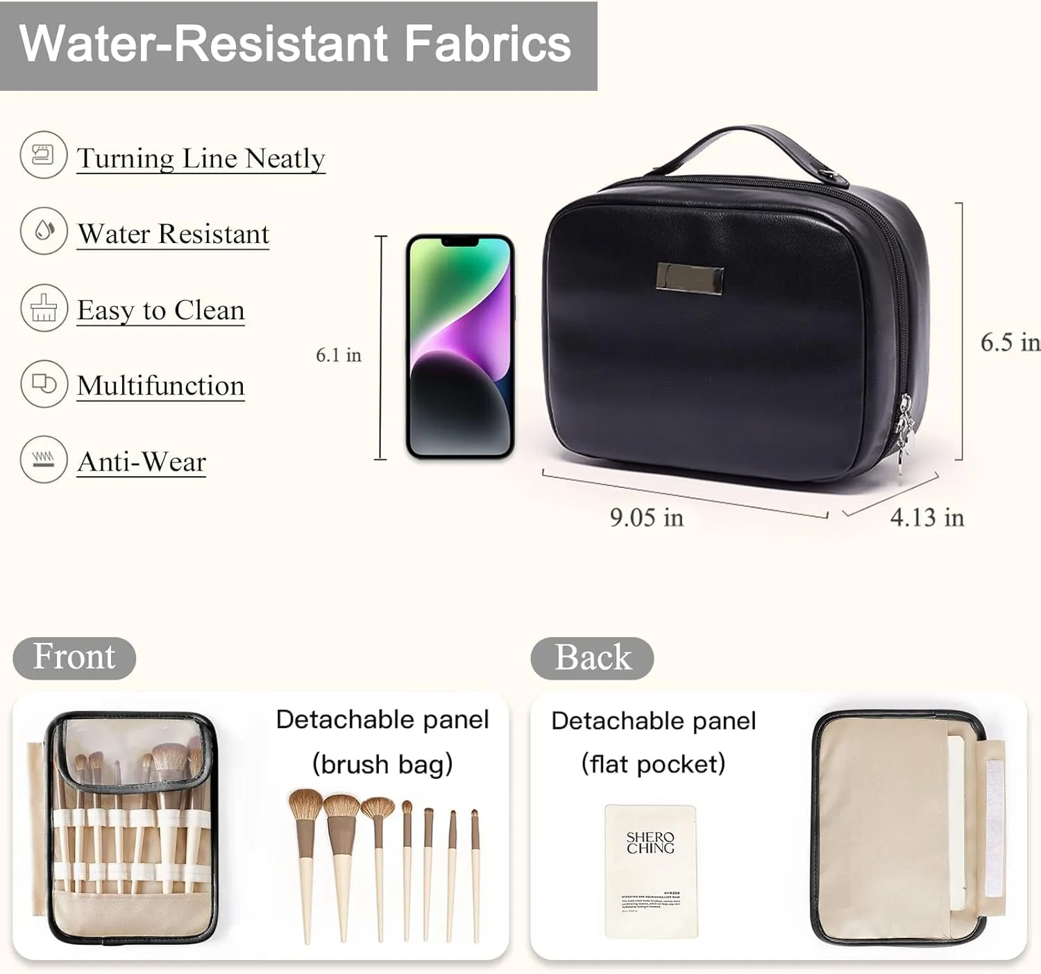 Cosmetic Bag Large Capacity Makeup Travel Bag with Double Clear Sided, Waterproof PU Leather,Lay FlatToiletry Bag for Women,Black