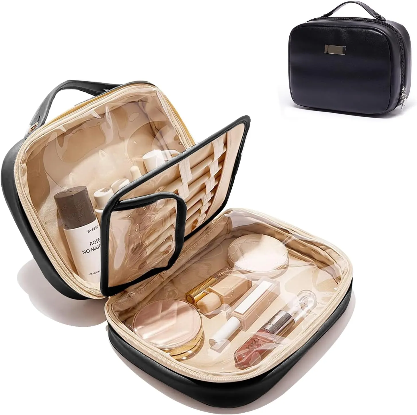 Cosmetic Bag Large Capacity Makeup Travel Bag with Double Clear Sided, Waterproof PU Leather,Lay FlatToiletry Bag for Women,Black