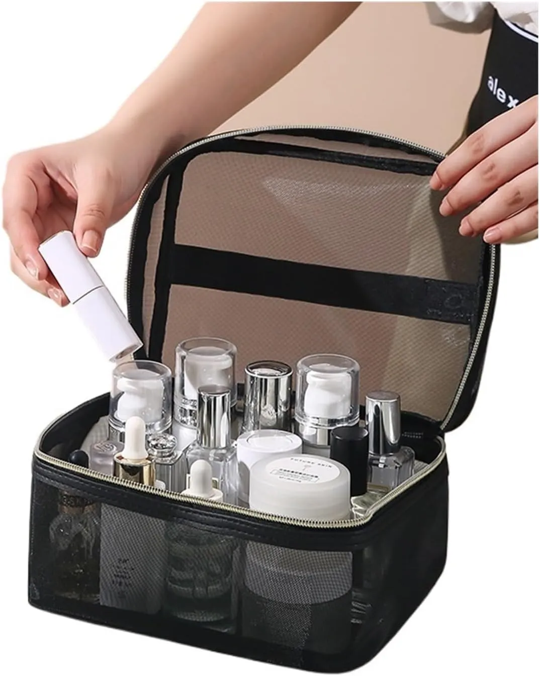 Cosmetic bag, travel cosmetic bag, portable storage, mesh toiletry storage bag, outdoor travel, suitable for men and women(Grid,Handbag)