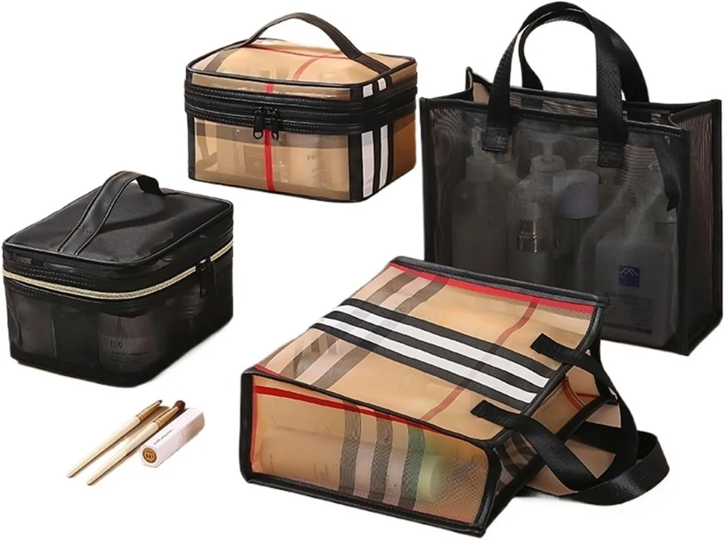 Cosmetic bag, travel cosmetic bag, portable storage, mesh toiletry storage bag, outdoor travel, suitable for men and women(Grid,Handbag)
