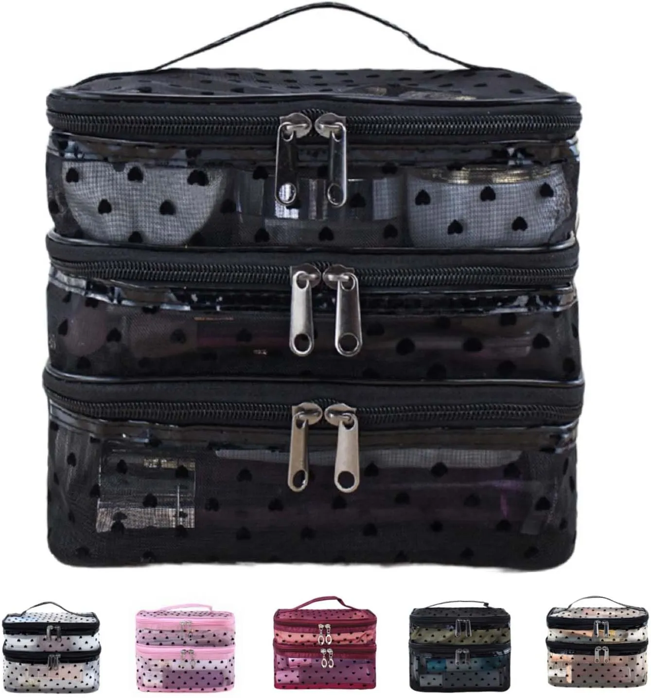Cosmetic Bag Travel Makeup Bag Mesh Double Layer Large Makeup Pouch Travel Accessories Essentials Toiletry Bag for Women Makeup Travel Organizer (three layers black)