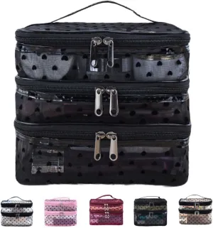 Cosmetic Bag Travel Makeup Bag Mesh Double Layer Large Makeup Pouch Travel Accessories Essentials Toiletry Bag for Women Makeup Travel Organizer (three layers black)