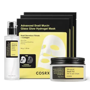 COSRX Snail Mucin Korean Skin Care Night Routine Set - 96% Essence   92% Moisturizer   Glass Glow Hydrogel Face Masks
