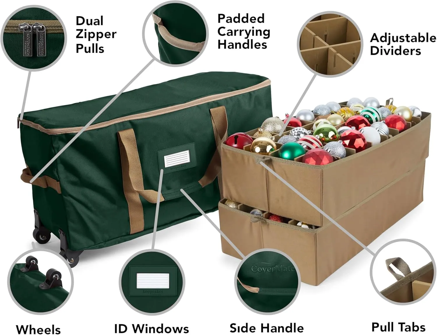 Covermates Keepsakes Rolling Adjustable Ornament Storage Bag - Carrying Handles, Padded Protection, Dual Wheels - Holiday Storage, Green