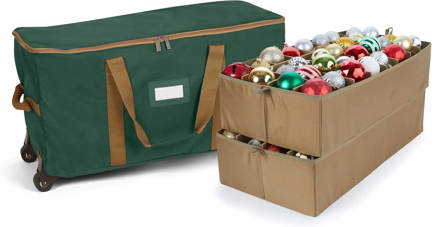 Covermates Keepsakes Rolling Adjustable Ornament Storage Bag - Carrying Handles, Padded Protection, Dual Wheels - Holiday Storage, Green