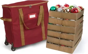 Covermates Keepsakes Rolling Adjustable Ornament Storage Bag - Carrying Handles, Padded Protection, Dual Wheels - Holiday Storage, Red