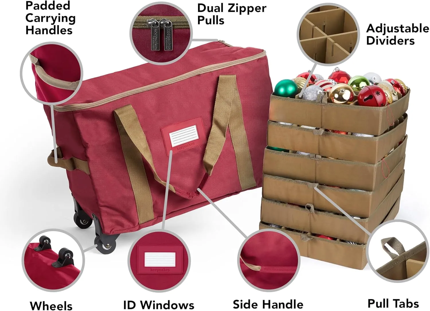 Covermates Keepsakes Rolling Adjustable Ornament Storage Bag - Carrying Handles, Padded Protection, Dual Wheels - Holiday Storage, Red