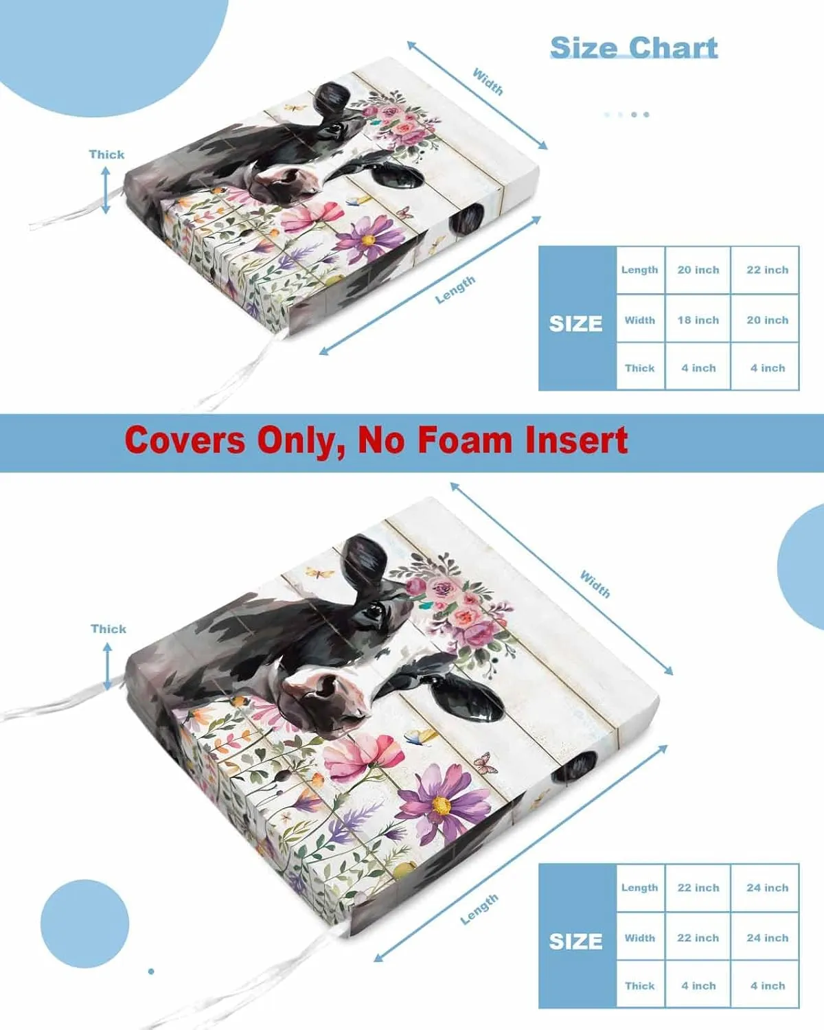 Cow Floral Outdoor Cushion Chair Cover Set of 2 - Waterproof Couch Seat Covers, Botanical Flowers Butterfly Wooden Grain Patio Furniture Protector Cushions Slipcovers for Sofa/RV, 20"x18"x4"