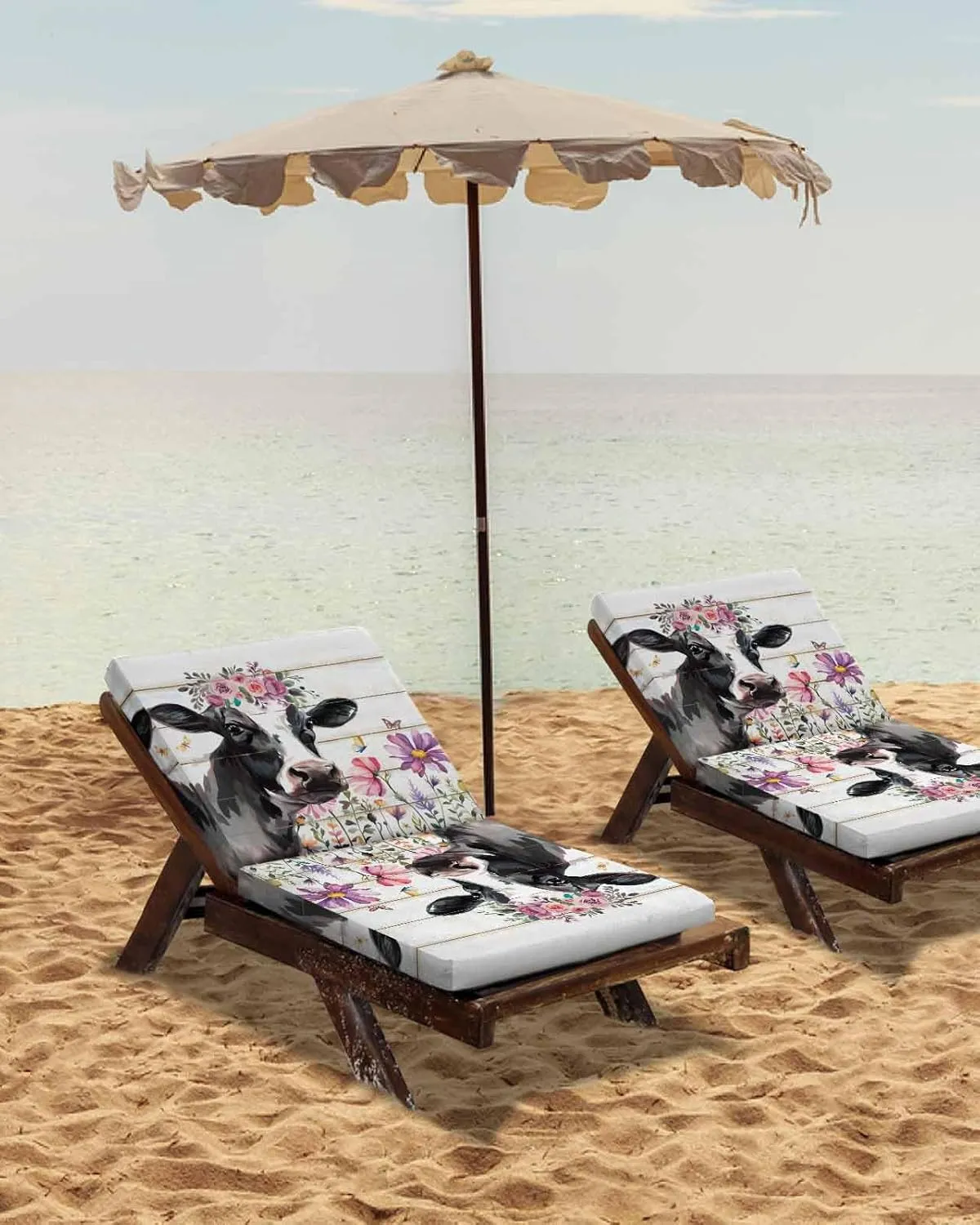 Cow Floral Outdoor Cushion Chair Cover Set of 2 - Waterproof Couch Seat Covers, Botanical Flowers Butterfly Wooden Grain Patio Furniture Protector Cushions Slipcovers for Sofa/RV, 20"x18"x4"