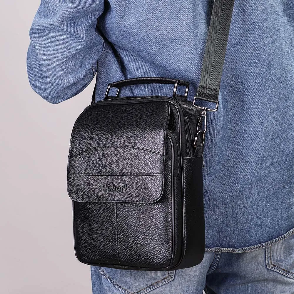 Cowhide Leather Messenger Bag For Men Travel Shoulder Crossbody Bag Waterproof Casual Sling Business Handbag